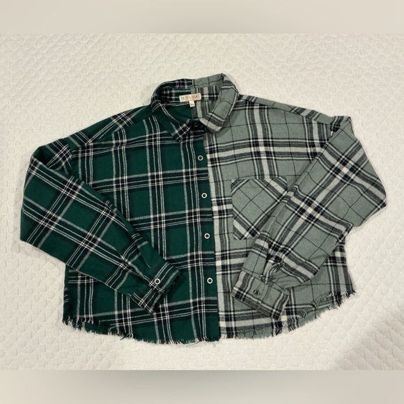 Riley & James Two Tone Green Plaid Button Front Cropped Shirt L - Picture 8 of 13